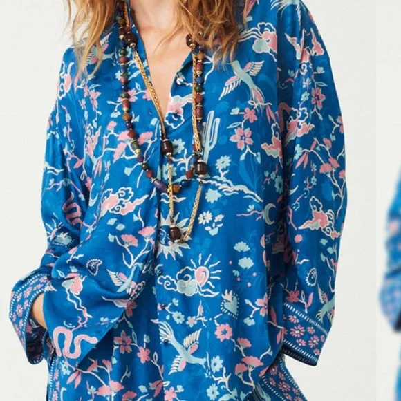 Spell NWT Desert BanditaCobalt Blue and Pink Floral Woven Button Down Shirt